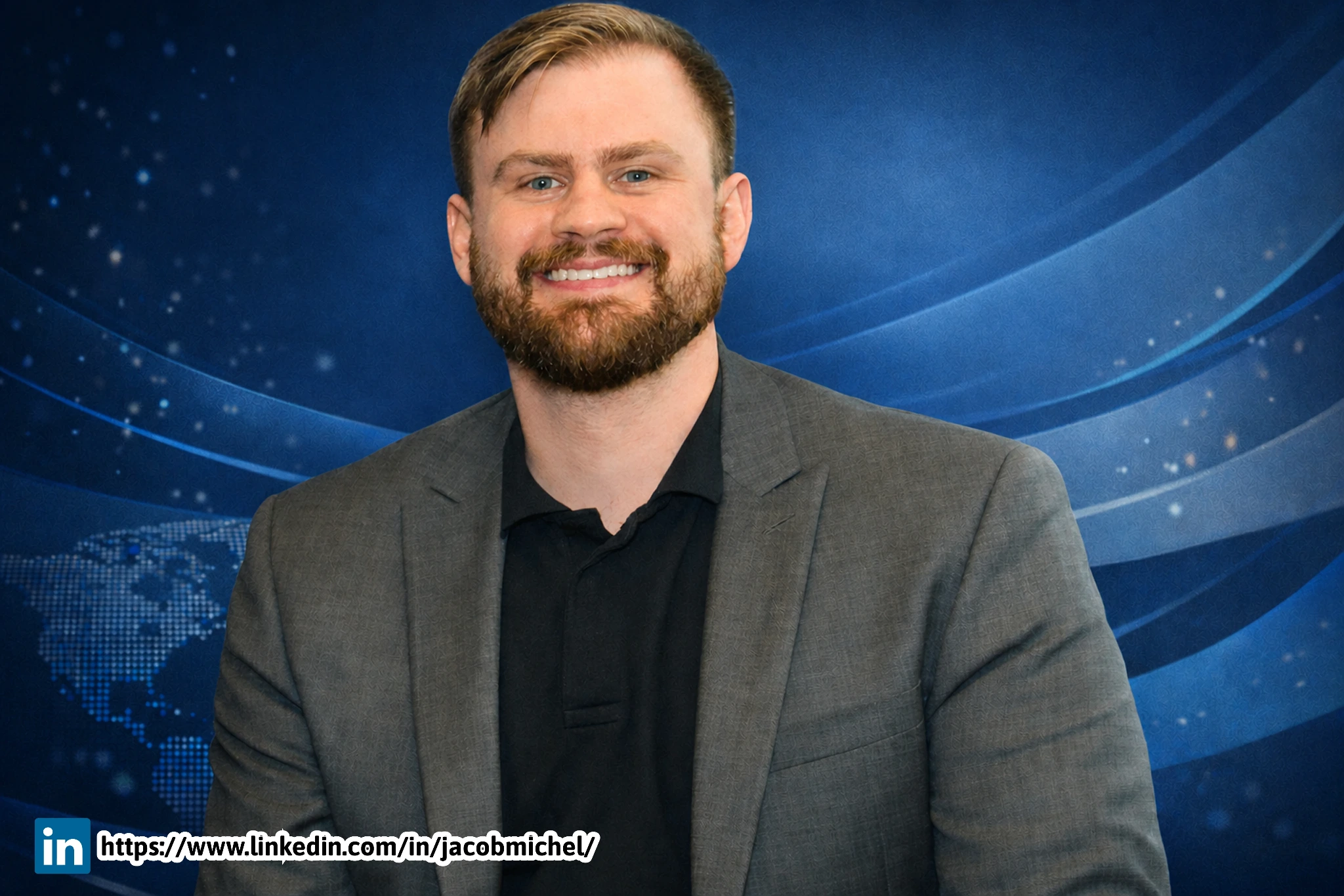 Jacob Michel professional headshot with blue digital background